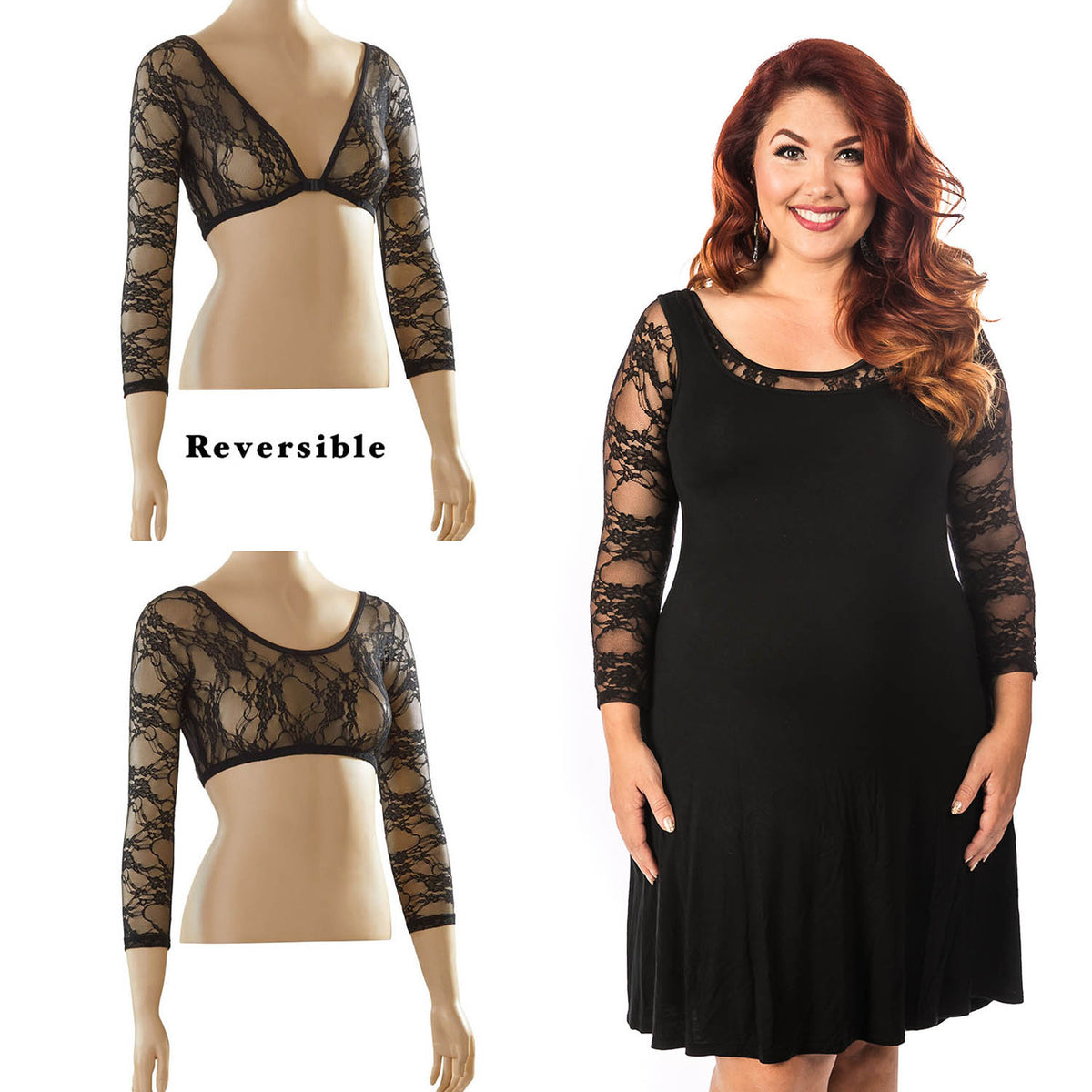 Basic 3/4 Length Black Lace Sleevey Wonders - Plus Size