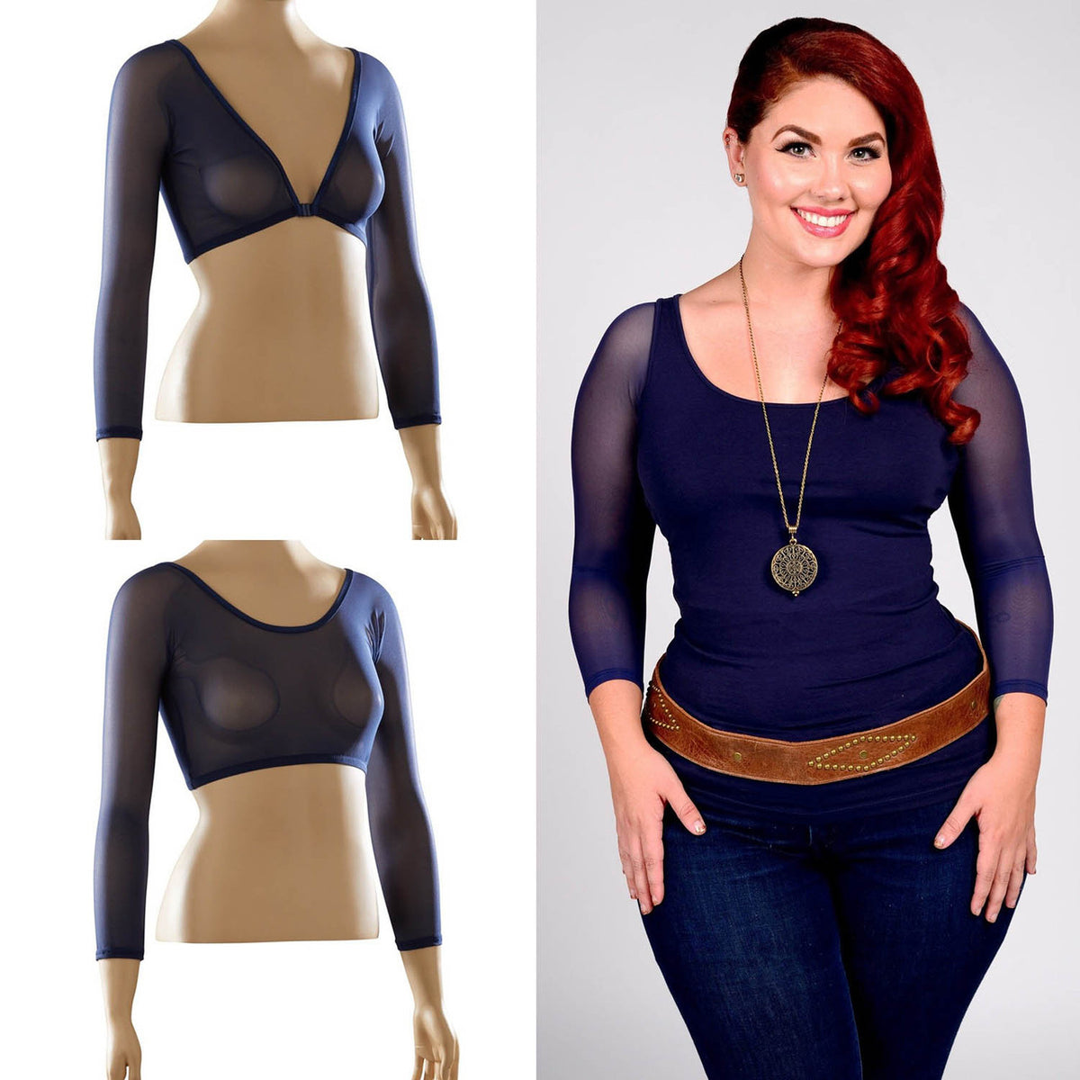 Basic 3/4 Length Navy Mesh Sleevey Wonders - Plus Size