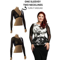 Basic long sleeve black mesh adds subtle elegance to all your sleeveless/strapless clothes! These reversible under sleeves can be worn with either the low side or the high side in front or back, and are so versatile they can add the perfect arm coverage for casual, professional and dress-up looks!