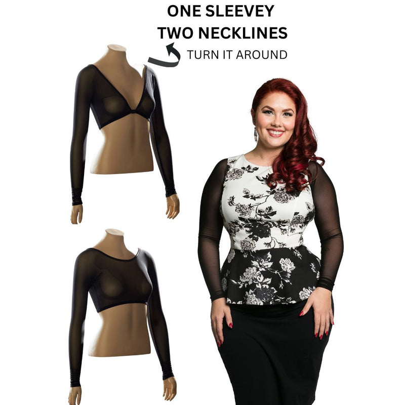 Basic long sleeve black mesh adds subtle elegance to all your sleeveless/strapless clothes! These reversible under sleeves can be worn with either the low side or the high side in front or back, and are so versatile they can add the perfect arm coverage for casual, professional and dress-up looks!