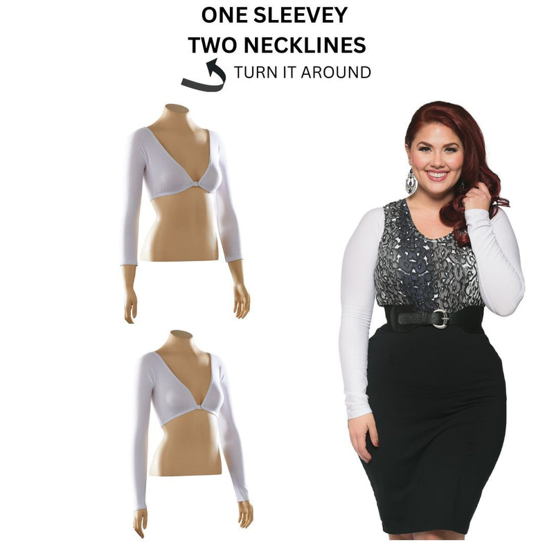 Basic white jersey with a fitted long sleeve will add beautiful and cozy arm coverage to so many of your sleeveless tops and dresses!