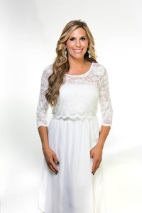 Over/Under Crop Top in White Scallop Lace Sleevey Wonders