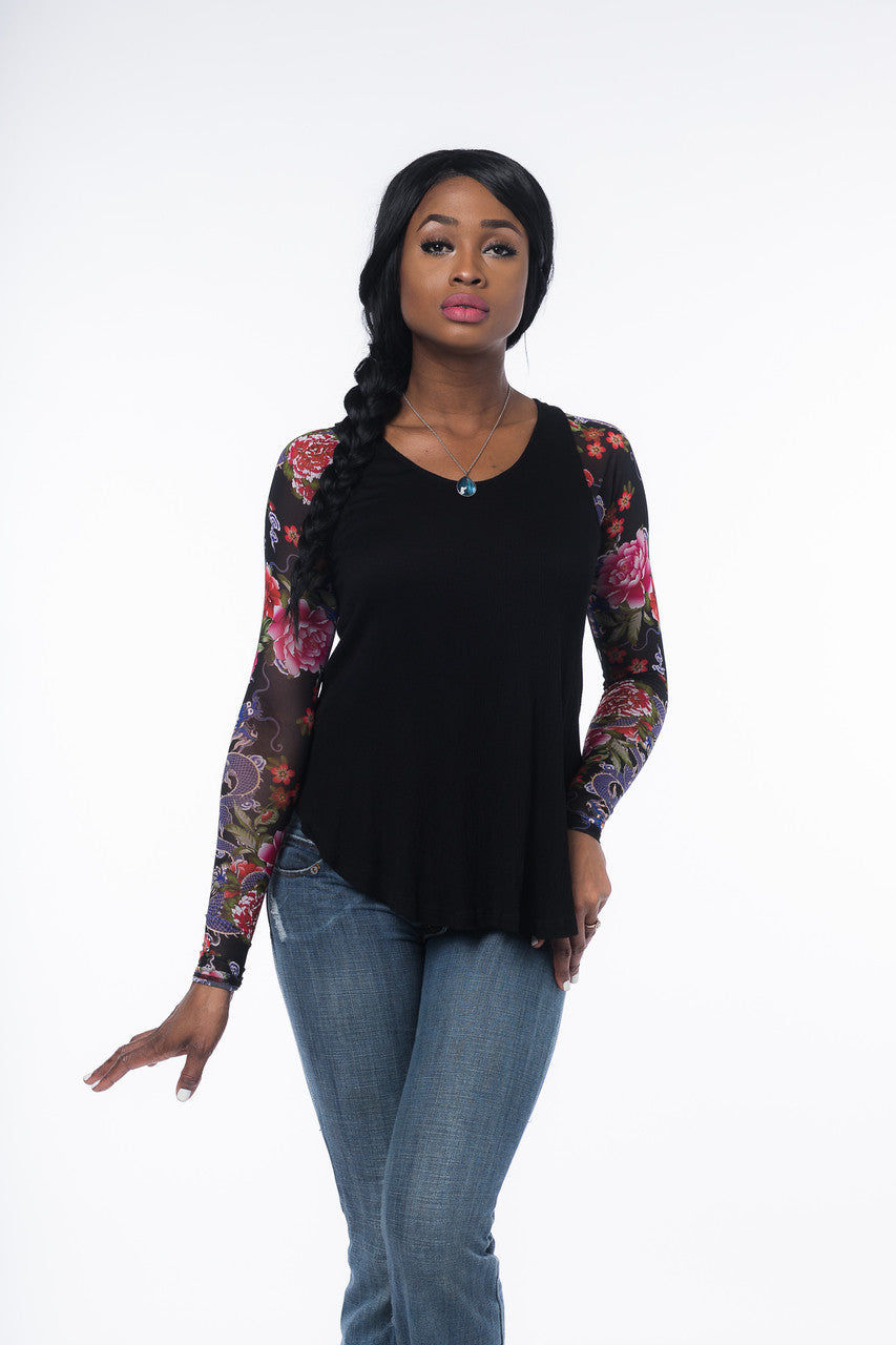 Basic Long Sleeve Tattoo Print Mesh