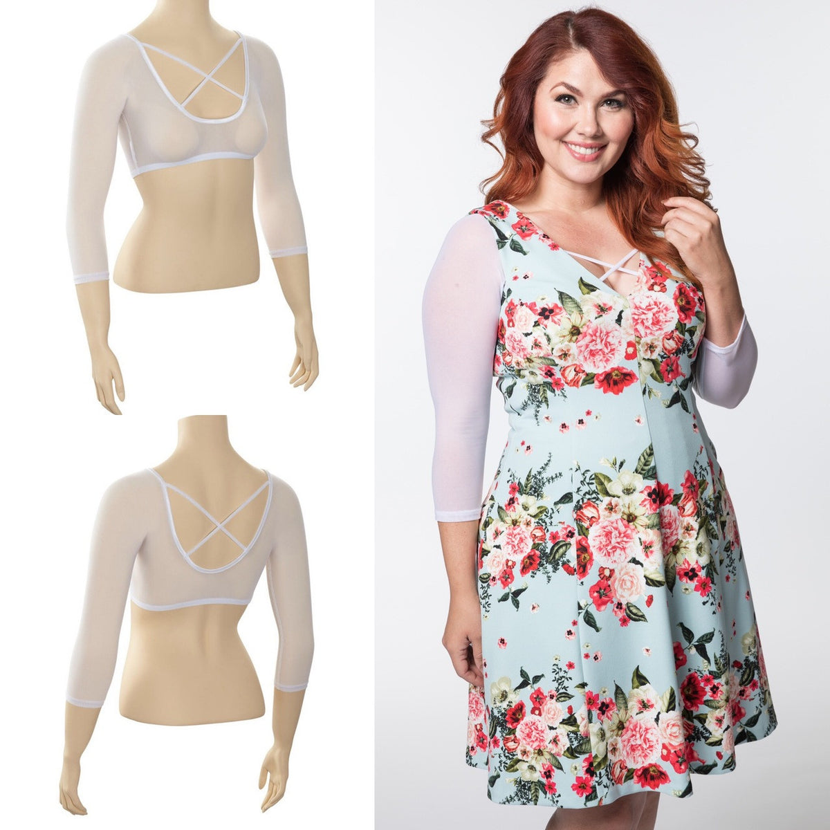 Criss-Cross 3/4 Sleeve White Mesh Plus Size Sleevey Wonders