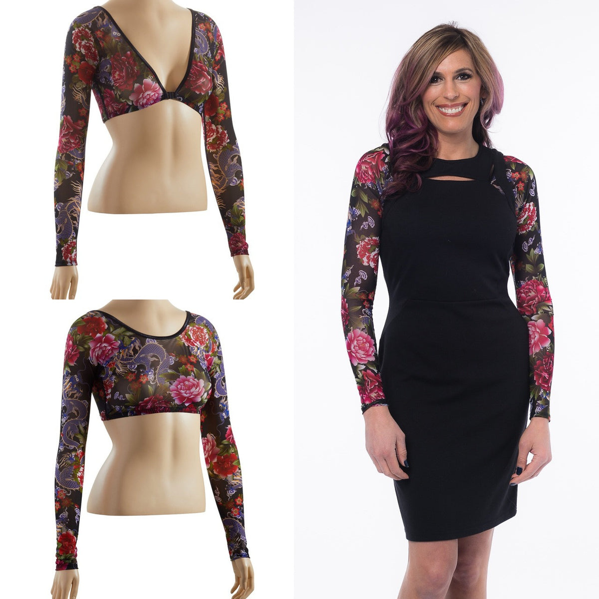 Basic Long Sleeve Tattoo Print Mesh
