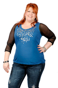 Creates a new outfit wearing  black mesh Sleevey Wonders under her sleeveless,  beaded blue tank top. (High side in front)
