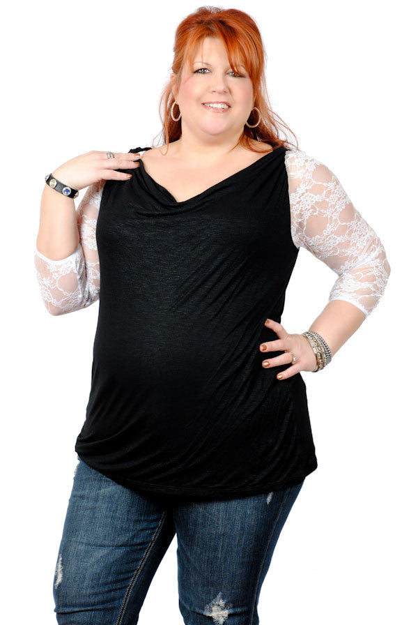 Change the look of her sleeveless black cowl by wearing it over white lace Sleevey Wonders!  (High side in front )