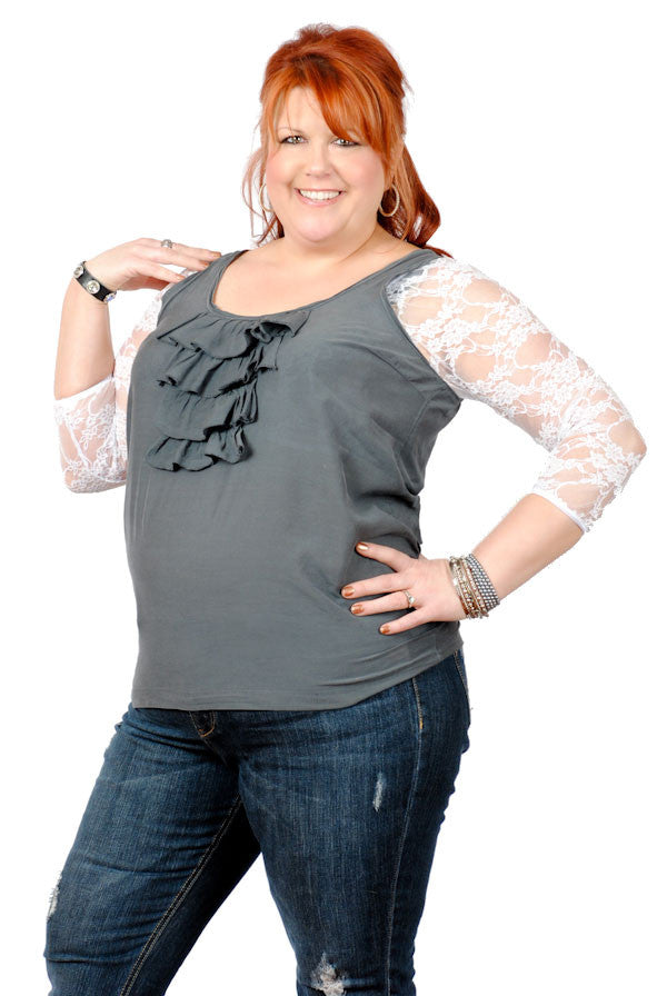 Turn an old sleeveless top into something new wearing it over white lace Sleevey Wonders!  (Low-cut side in front )