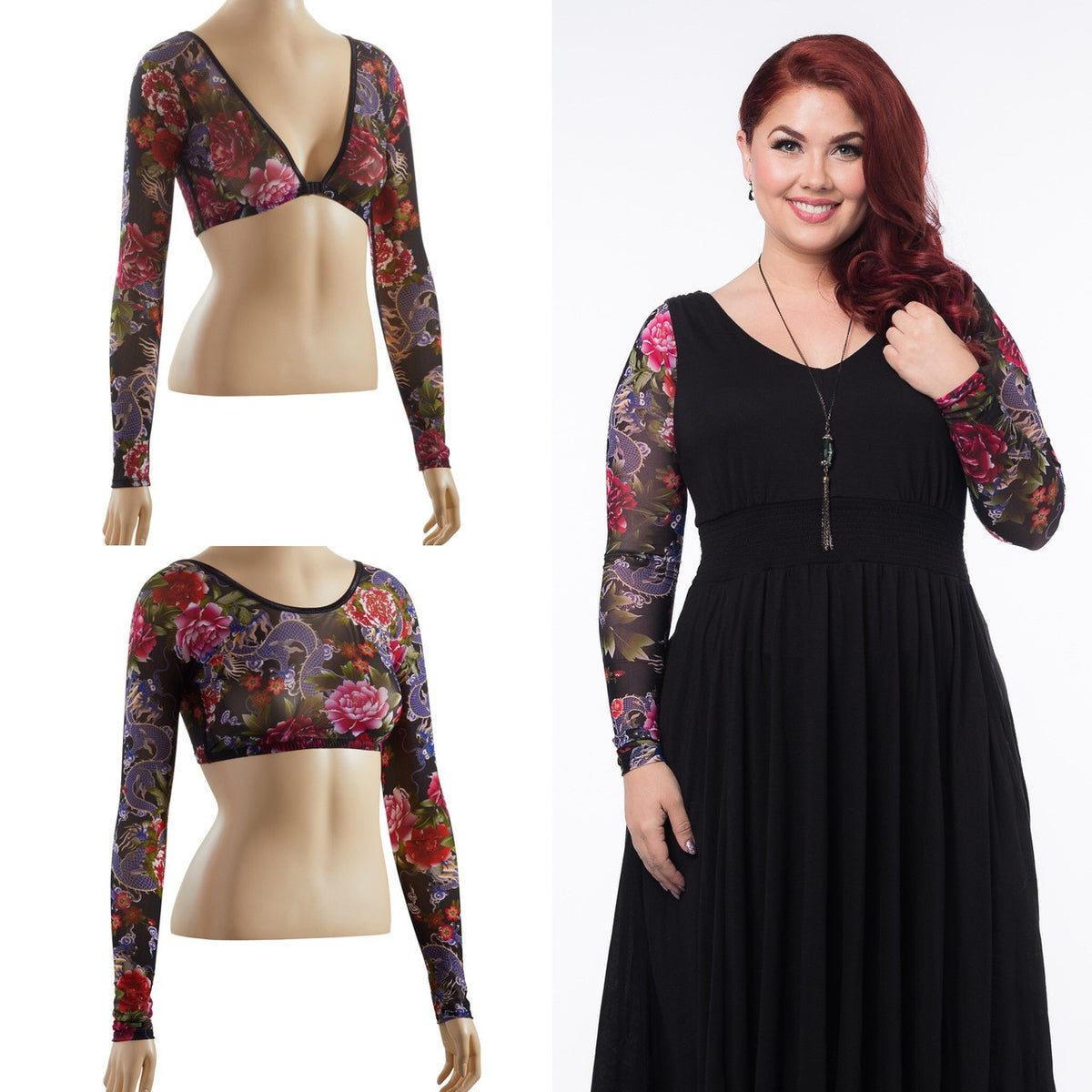 Basic Long Sleeve Tattoo Print Mesh Sleevey Wonders - Plus Size