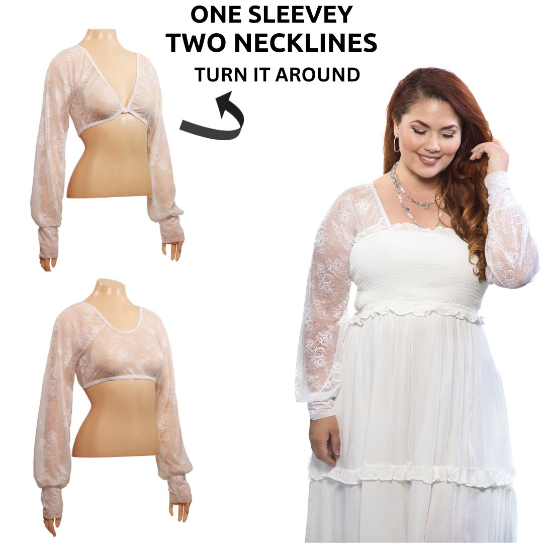 Long Puff Sleeve White Lace Sleevey Wonders - Plus Size
