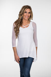 Criss-Cross 3/4 Sleeve White Mesh Sleevey Wonders