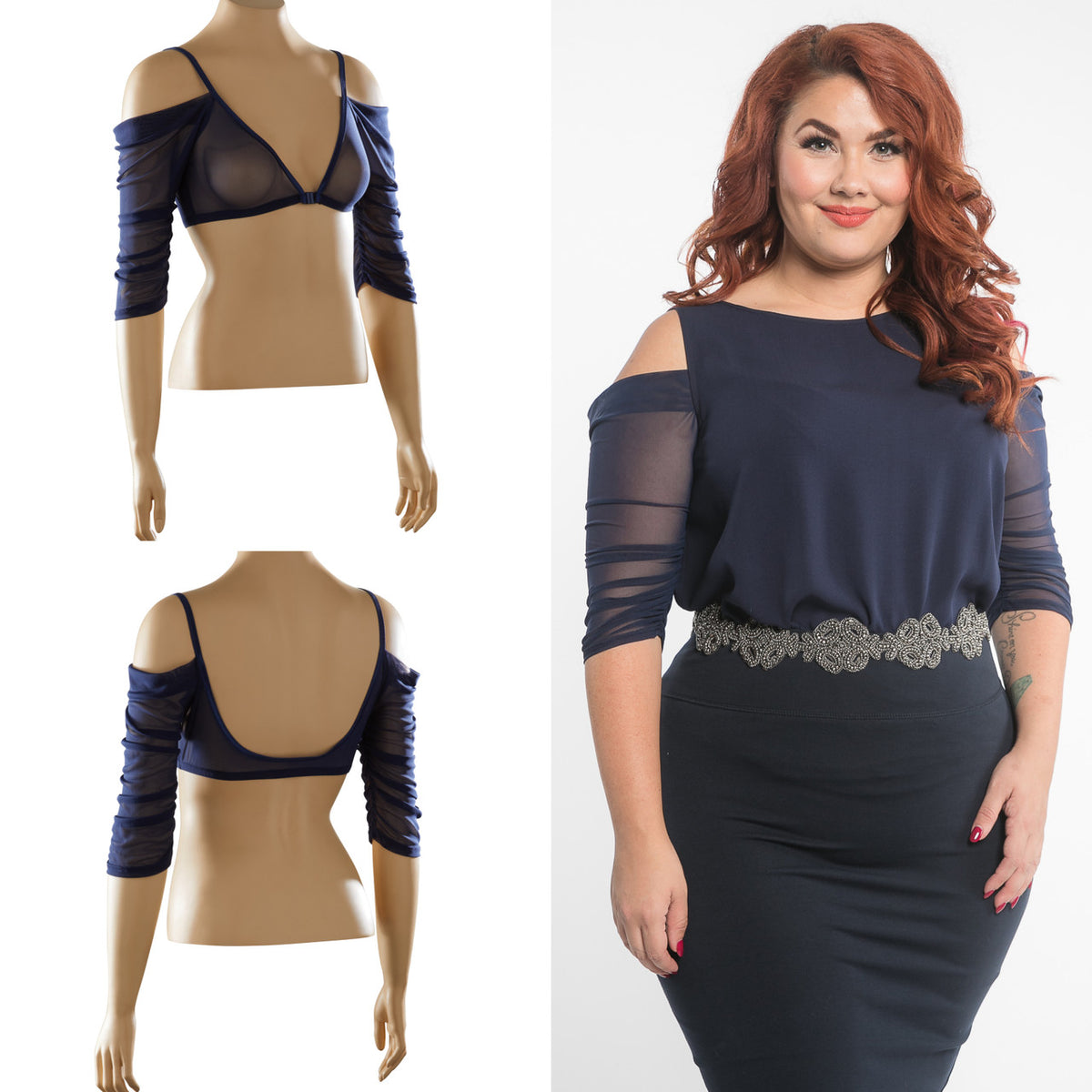Waterfall 1/2 Sleeve Navy Mesh Sleevey Wonders - Plus Size