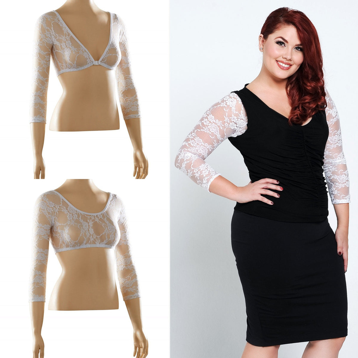 Basic 3/4 Length White Lace Sleevey Wonders - Plus Size