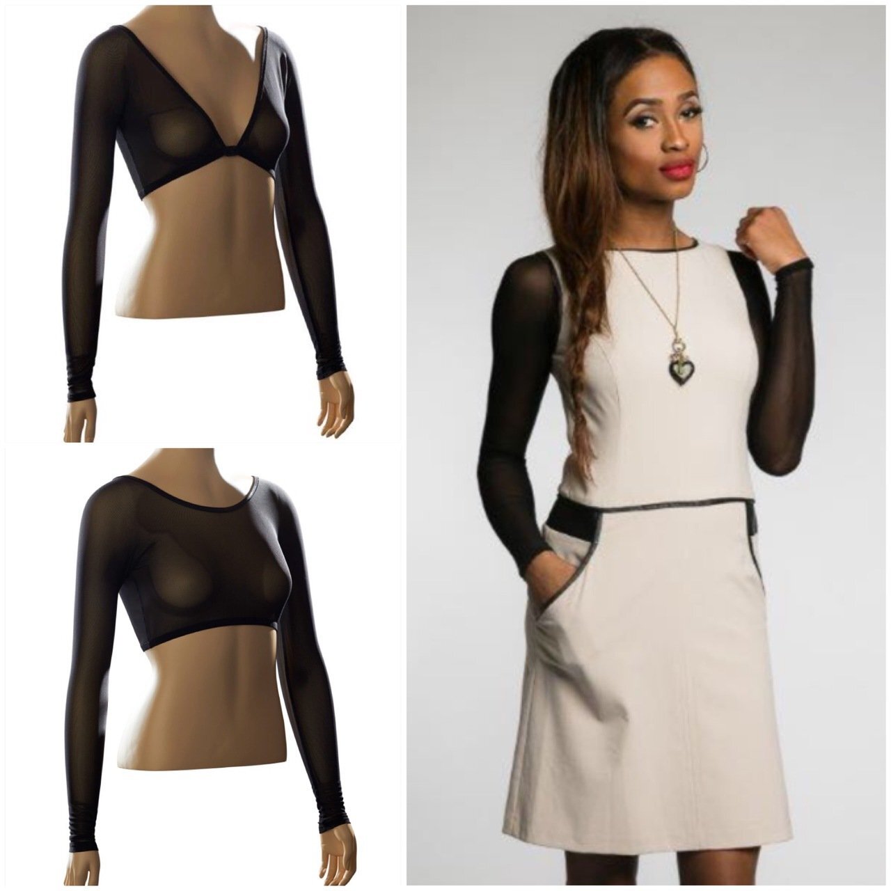 Black long mesh Sleevey Wonders worn under a sleeveless white dress