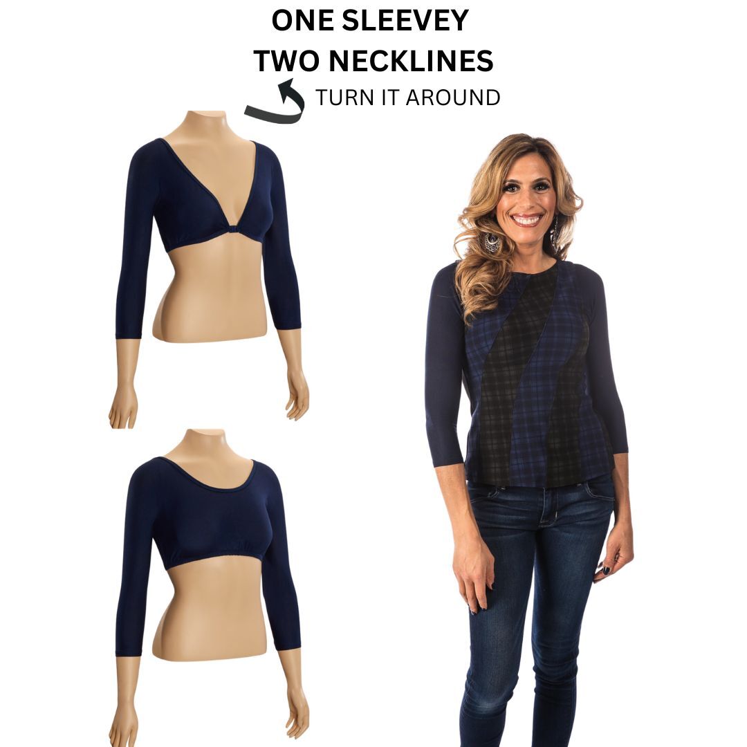 Navy jersey Sleevey Wonders worn under a sleeveless plaid top
